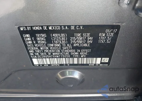 2017 Honda Hr-V Ex-L из США, поврежденный, VIN 3CZRU5H7XHM715056